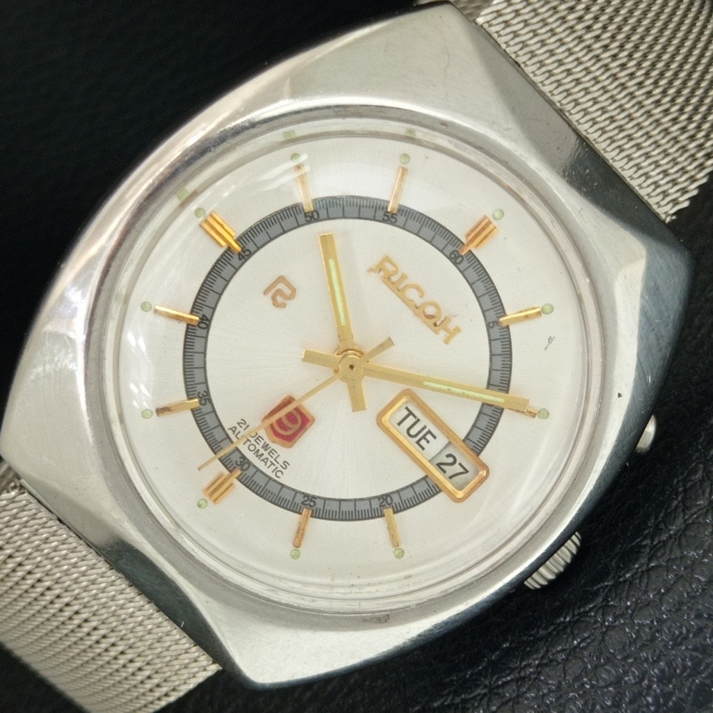 Vintage 1970 Ricoh Automatic Mens Silver Watch WDaydate  Gold Accents